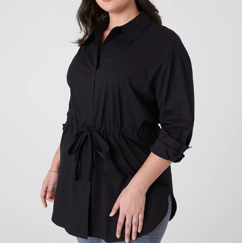 Lane Bryant Black Button-Up Shirt with Tie Waist